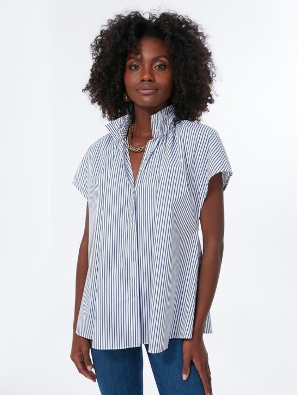 Tuckernuck Pomander Place Rae Blouse Top Blue Stripe Ruffle Collar Size S NWT